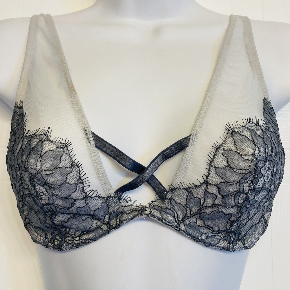 Victoria's Secret Bra Size 32C Grey Very Sexy Unlined‎ Plunge Lace Mesh Lingerie